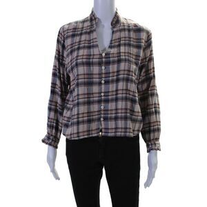 Trovata Womens Cotton Check Patterned Long Sleeved Ruffled Shirt Brown Size XS